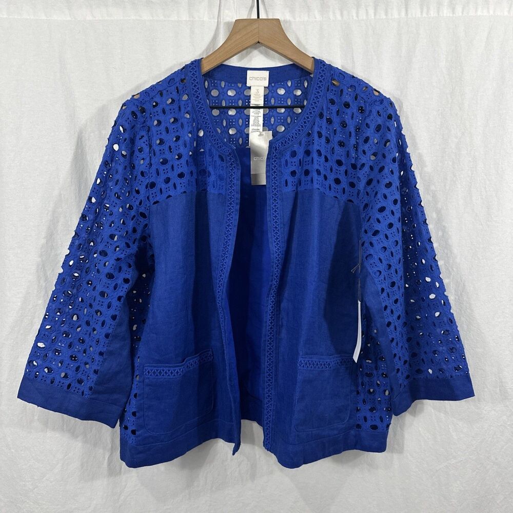 Chico’s Linen Blend Eyelet Open Front Blue Jacket Womens Sz XL/3 Beach Coastal